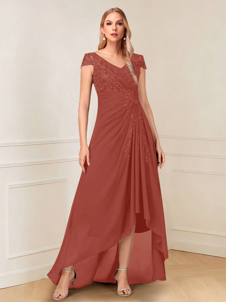 A-Line/Princess Cap Sleeves V-Neck Asymmetrical Mother of the Bride with Sequins &amp;Ruched