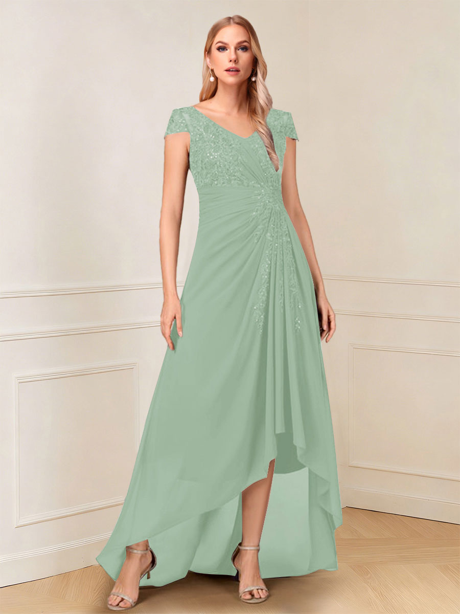 A-Line/Princess Cap Sleeves V-Neck Asymmetrical Mother of the Bride with Sequins &amp;Ruched