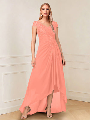 A-Line/Princess Cap Sleeves V-Neck Asymmetrical Mother of the Bride with Sequins &Ruched
