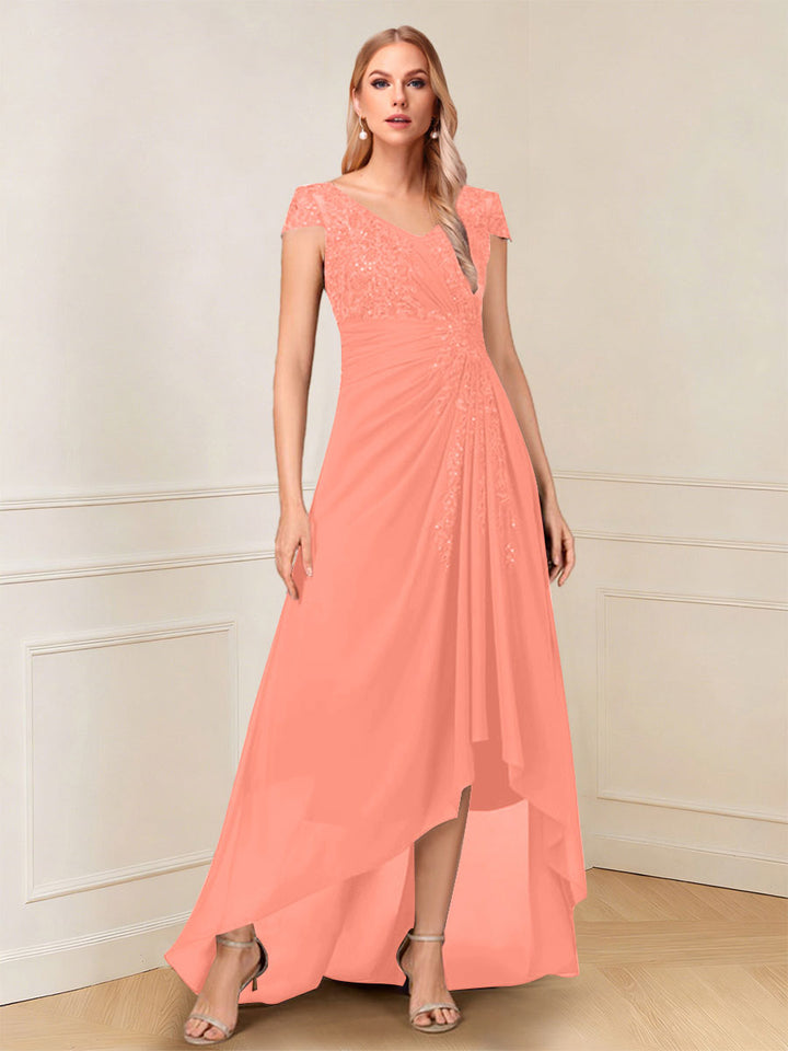 A-Line/Princess Cap Sleeves V-Neck Asymmetrical Mother of the Bride with Sequins &amp;Ruched