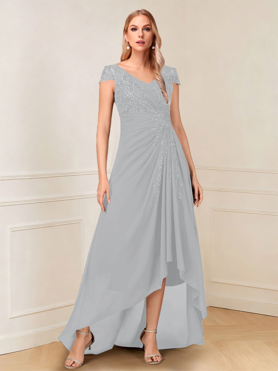 A-Line/Princess Cap Sleeves V-Neck Asymmetrical Mother of the Bride with Sequins &amp;Ruched