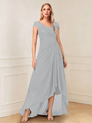 A-Line/Princess Cap Sleeves V-Neck Asymmetrical Mother of the Bride with Sequins &Ruched