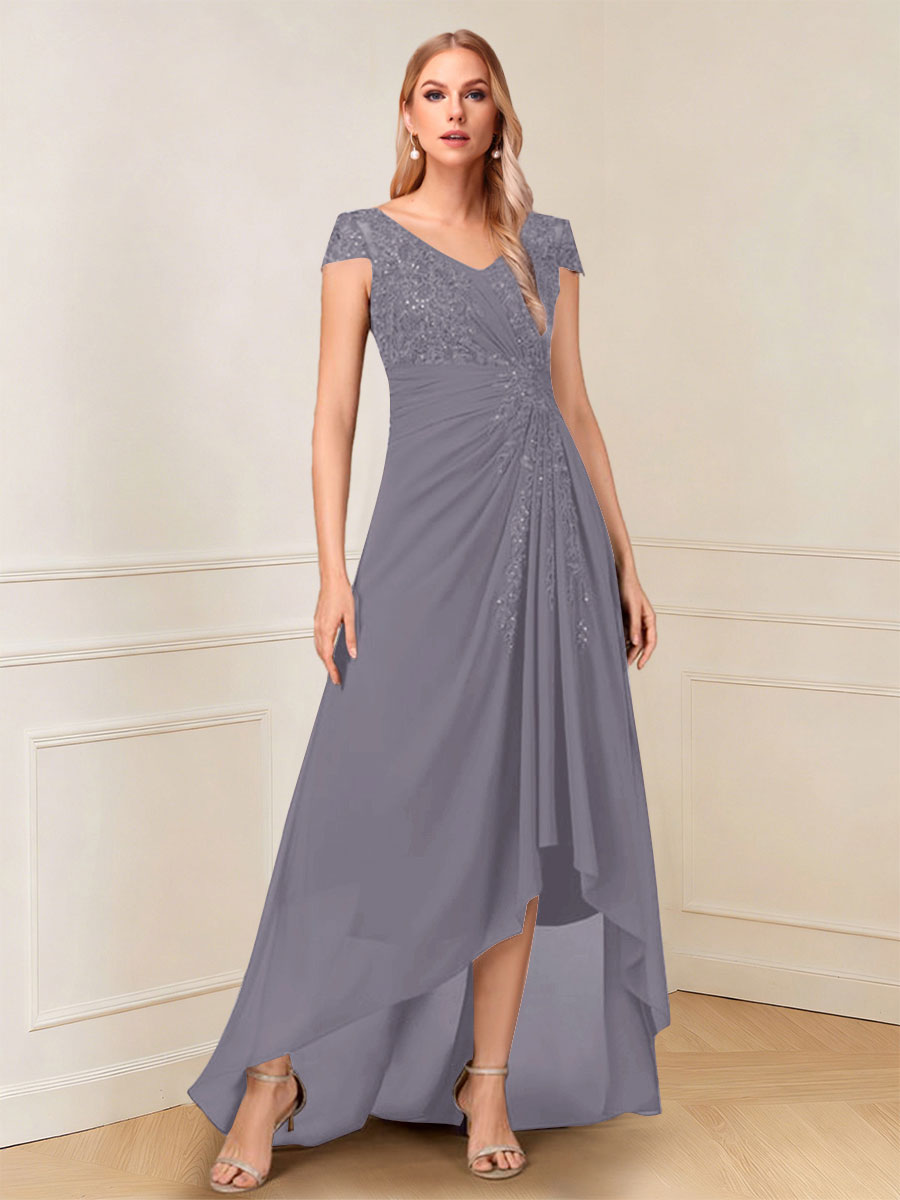 A-Line/Princess Cap Sleeves V-Neck Asymmetrical Mother of the Bride with Sequins &amp;Ruched