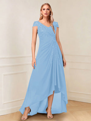 A-Line/Princess Cap Sleeves V-Neck Asymmetrical Mother of the Bride with Sequins &Ruched