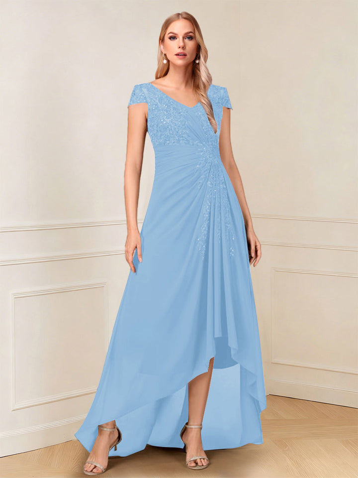 A-Line/Princess Cap Sleeves V-Neck Asymmetrical Mother of the Bride with Sequins &amp;Ruched