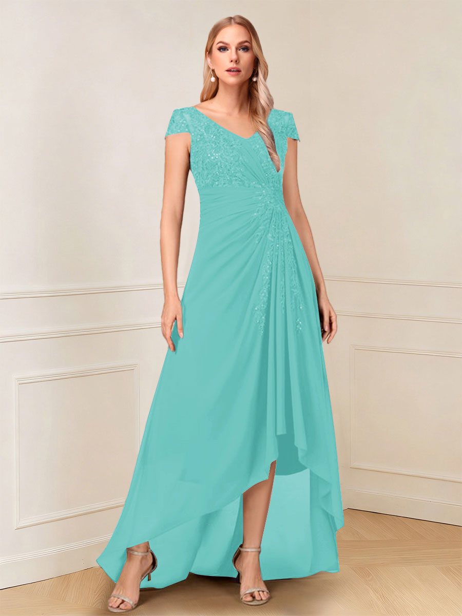 A-Line/Princess Cap Sleeves V-Neck Asymmetrical Mother of the Bride with Sequins &amp;Ruched
