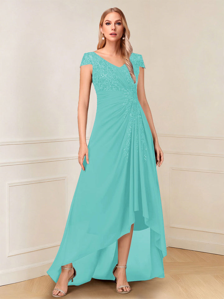 A-Line/Princess Cap Sleeves V-Neck Asymmetrical Mother of the Bride with Sequins &amp;Ruched