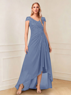 A-Line/Princess Cap Sleeves V-Neck Asymmetrical Mother of the Bride with Sequins &Ruched