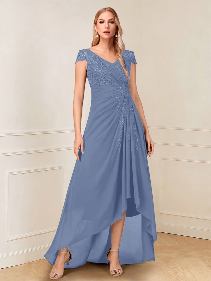 A-Line/Princess Cap Sleeves V-Neck Asymmetrical Mother of the Bride with Sequins &amp;Ruched