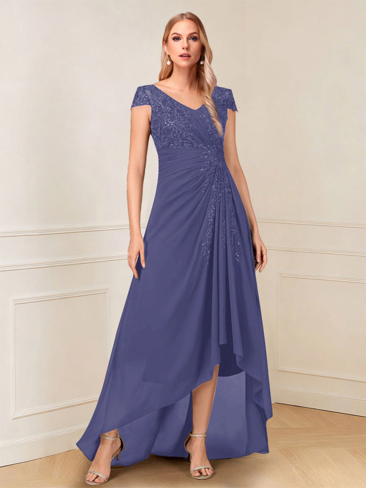 A-Line/Princess Cap Sleeves V-Neck Asymmetrical Mother of the Bride with Sequins &amp;Ruched