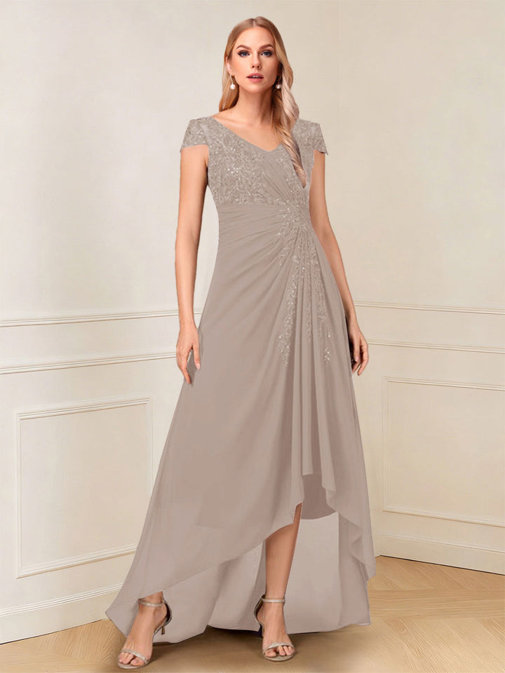 A-Line/Princess Cap Sleeves V-Neck Asymmetrical Mother of the Bride with Sequins &amp;Ruched