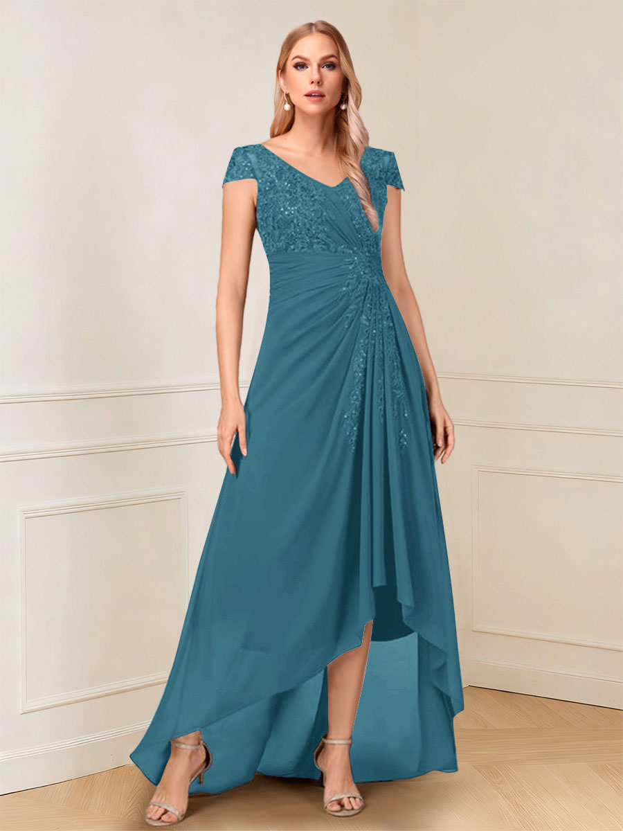 A-Line/Princess Cap Sleeves V-Neck Asymmetrical Mother of the Bride with Sequins &amp;Ruched
