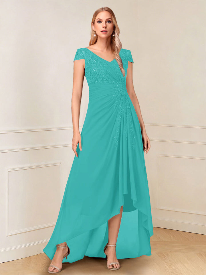 A-Line/Princess Cap Sleeves V-Neck Asymmetrical Mother of the Bride with Sequins &amp;Ruched