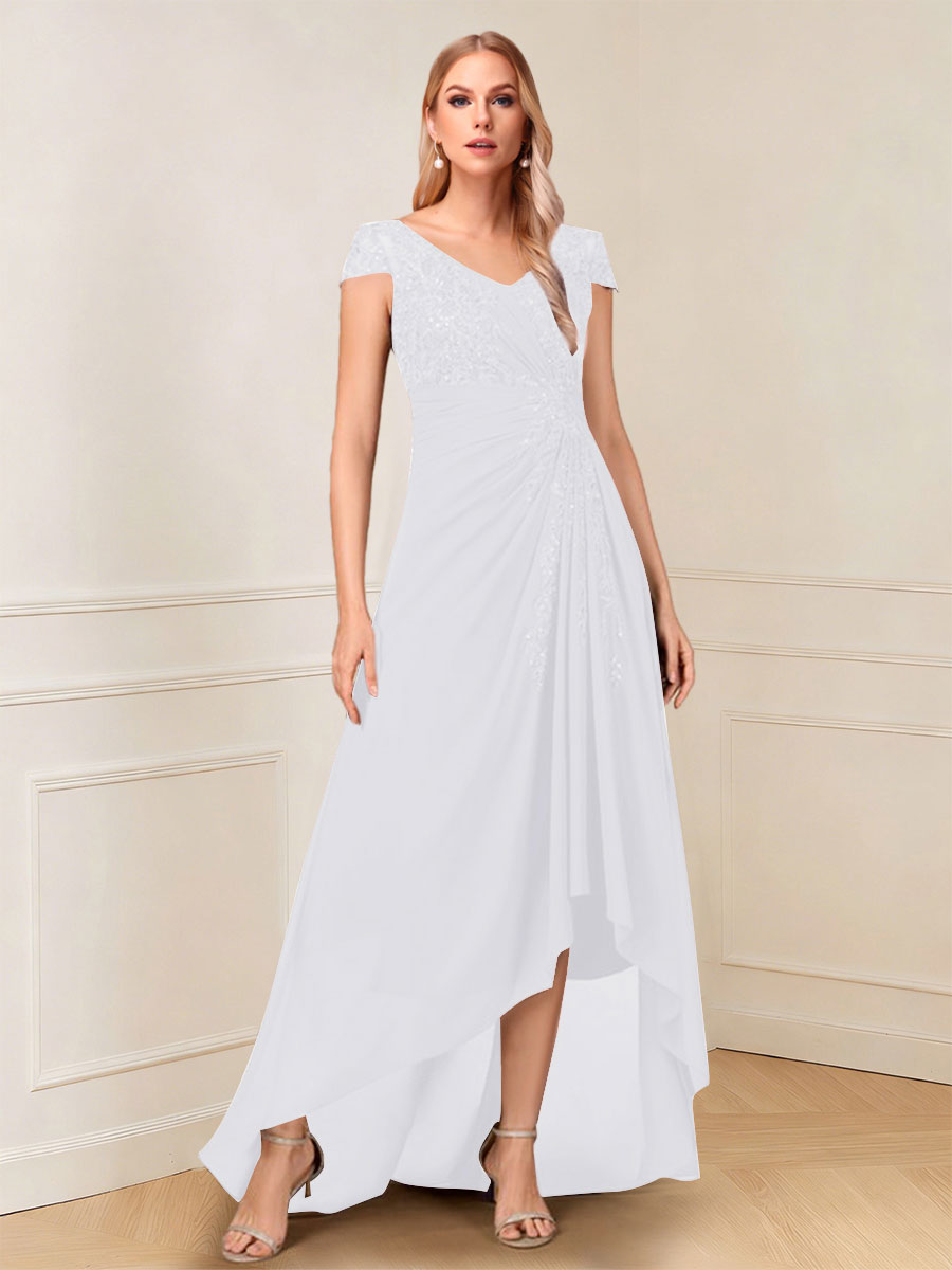 A-Line/Princess Cap Sleeves V-Neck Asymmetrical Mother of the Bride with Sequins &amp;Ruched
