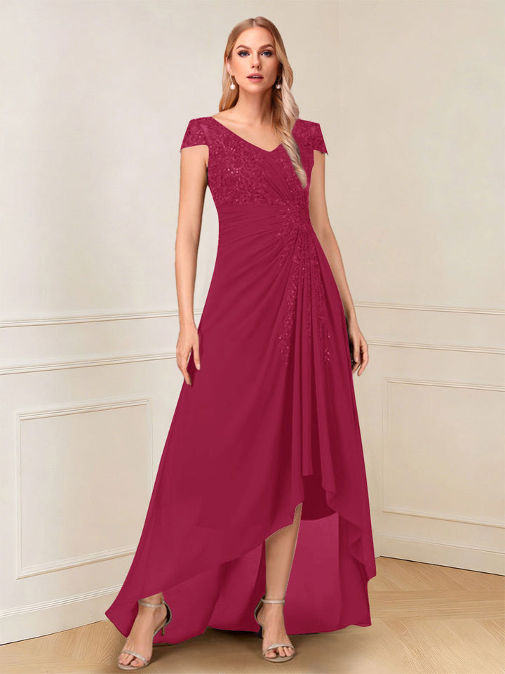 A-Line/Princess Cap Sleeves V-Neck Asymmetrical Mother of the Bride with Sequins &amp;Ruched