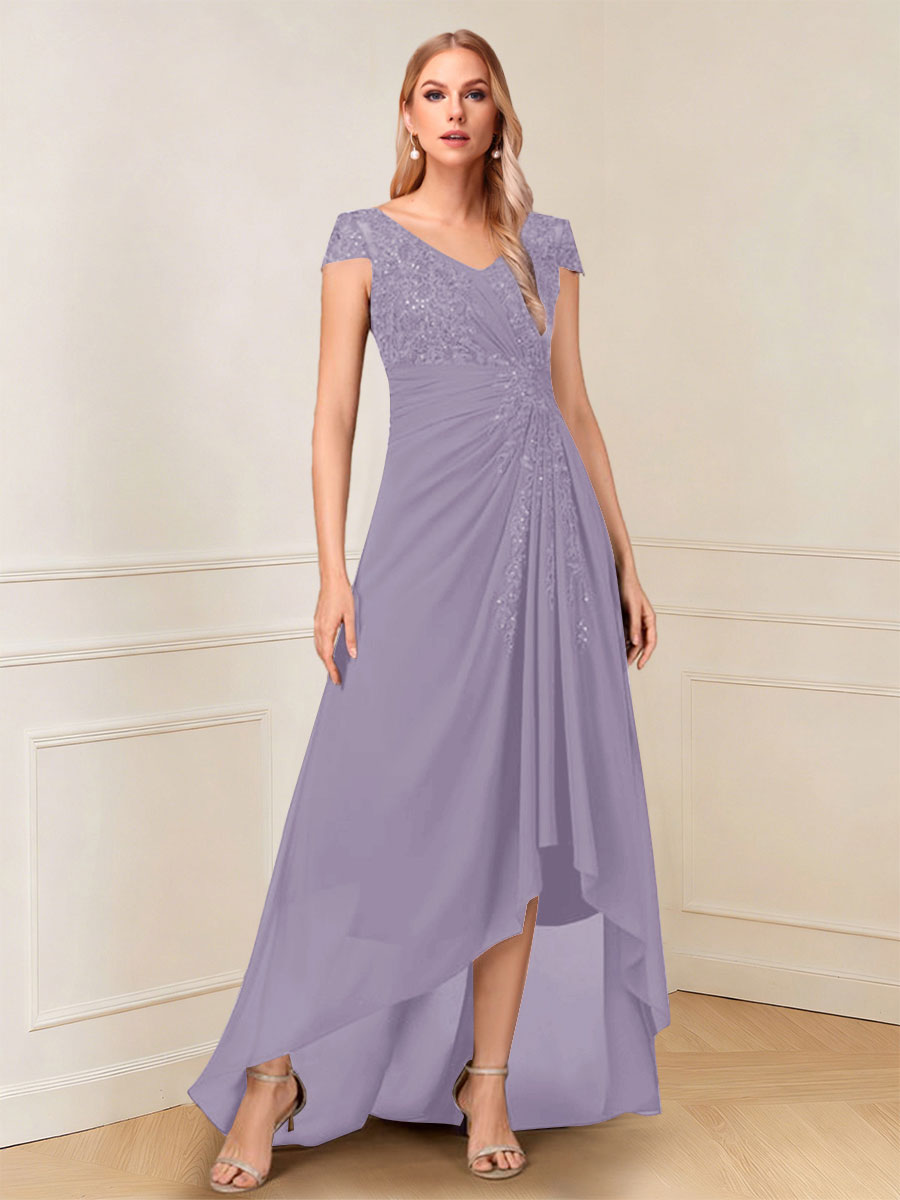 A-Line/Princess Cap Sleeves V-Neck Asymmetrical Mother of the Bride with Sequins &amp;Ruched