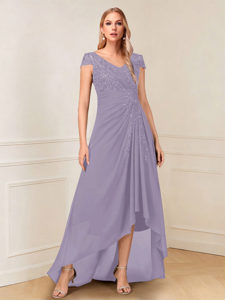 A-Line/Princess Cap Sleeves V-Neck Asymmetrical Mother of the Bride with Sequins &amp;Ruched