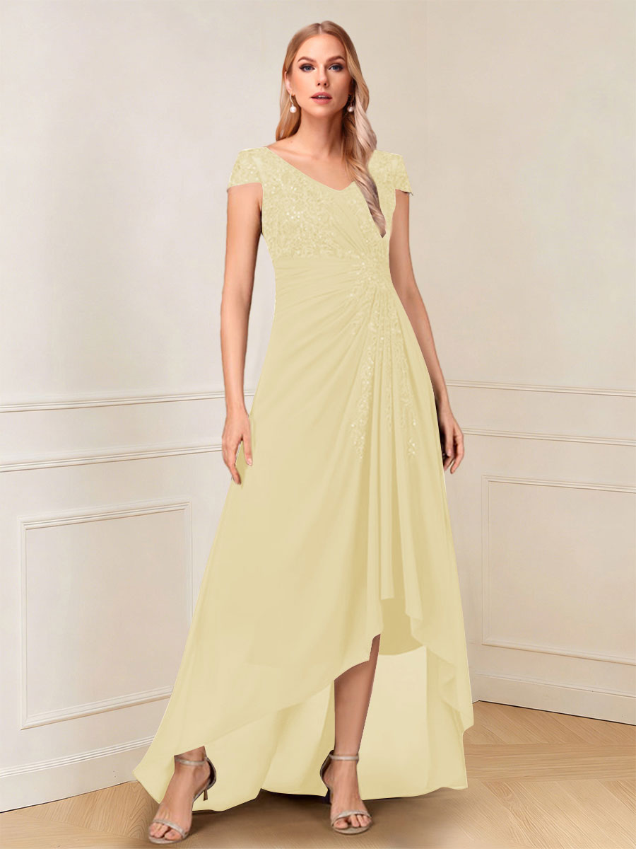 A-Line/Princess Cap Sleeves V-Neck Asymmetrical Mother of the Bride with Sequins &amp;Ruched