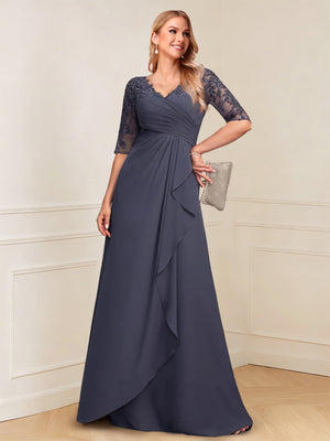 A-Line/Princess Half Sleeves V-Neck Floor-Length Mother of the Bride Dresses with Ruffles & Applique