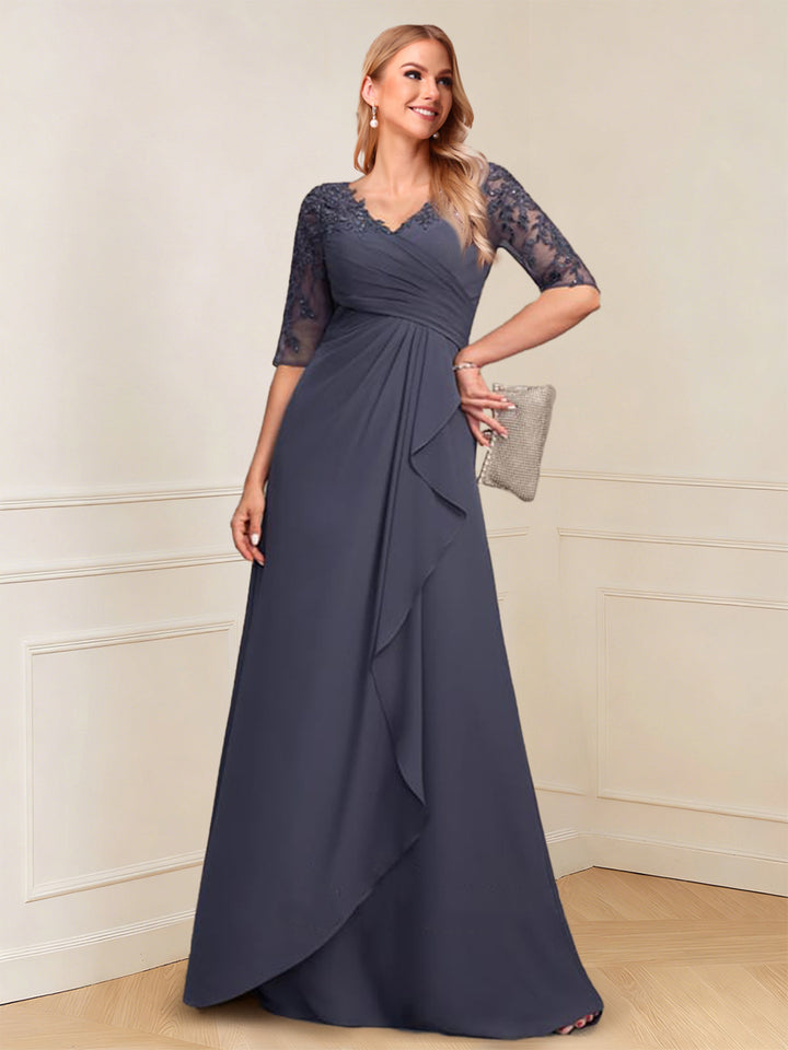 A-Line/Princess Half Sleeves V-Neck Floor-Length Mother of the Bride Dresses with Ruffles &amp; Applique