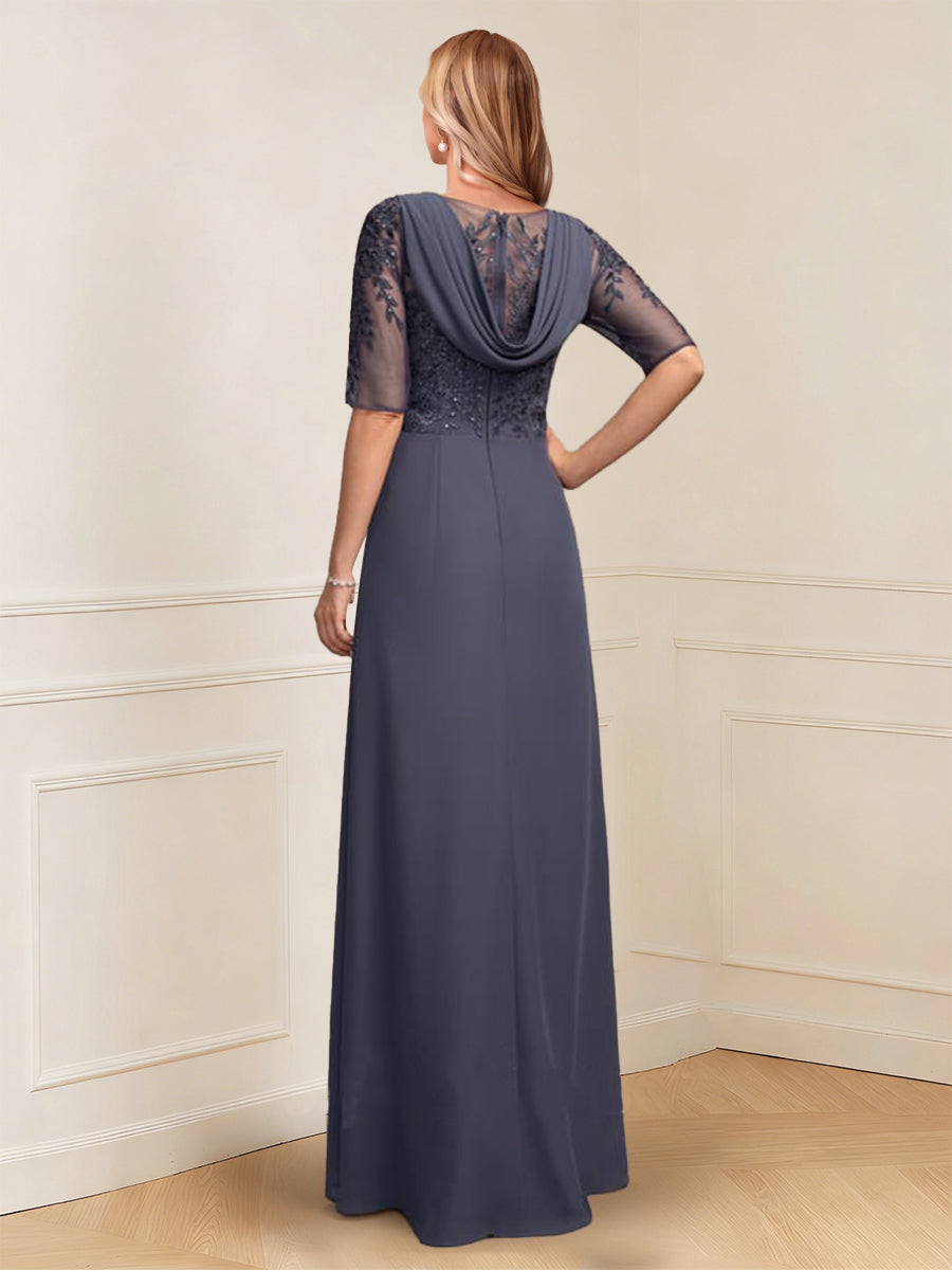A-Line/Princess Half Sleeves V-Neck Floor-Length Mother of the Bride Dresses with Ruffles &amp; Applique