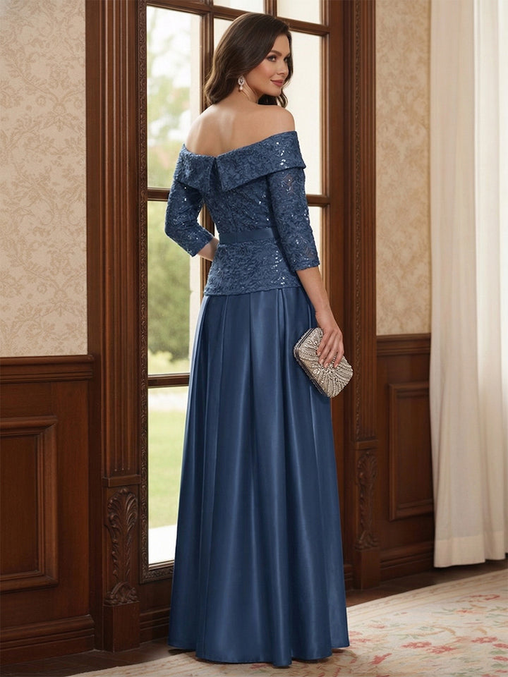 A-Line/Princess 3/4 Sleeves Off-the-Shoulder Floor-Length Mother of the Bride with Bowknot &amp; Sequins