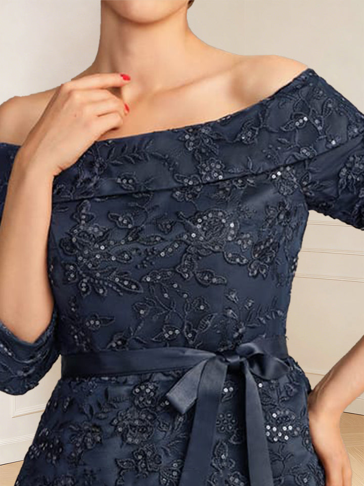 A-Line/Princess 3/4 Sleeves Off-the-Shoulder Floor-Length Mother of the Bride with Bowknot &amp; Sequins