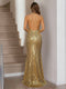 Trumpet/Mermaid Halter Floor-Length Long Prom Dresses with Pleats & Sequins