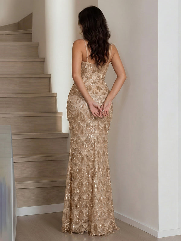 Trumpet/Mermaid Spaghetti Straps Sweetheart Floor-Length Long Prom Dresses with Sequins