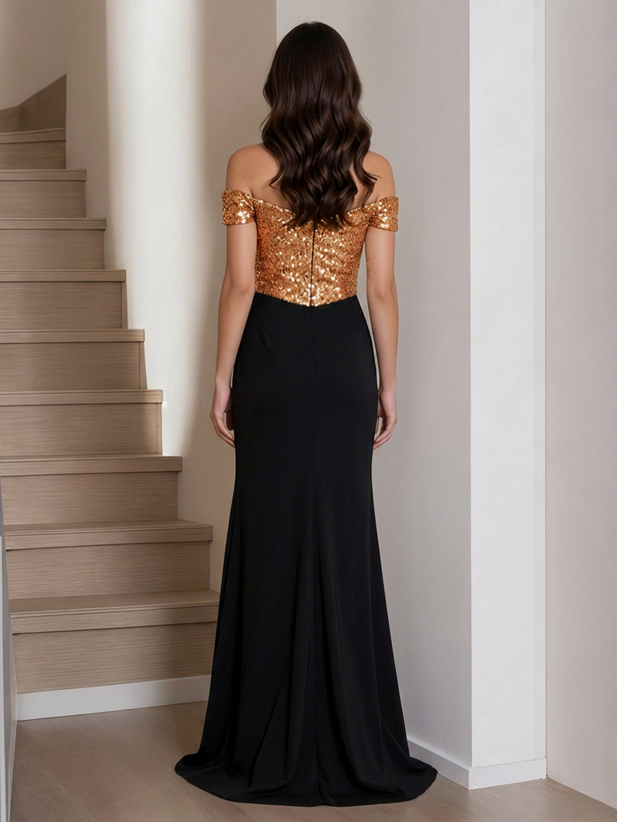 Trumpet/Mermaid Off-the-Shoulder Floor-Length Long Prom Dresses with Pleats &amp; Sequins