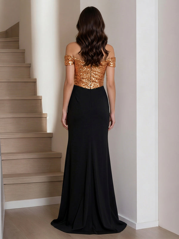 Trumpet/Mermaid Off-the-Shoulder Floor-Length Long Prom Dresses with Pleats & Sequins