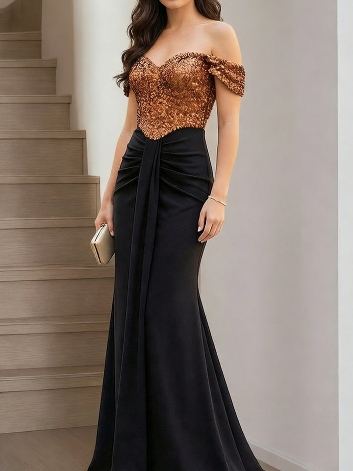Trumpet/Mermaid Off-the-Shoulder Floor-Length Long Prom Dresses with Pleats &amp; Sequins