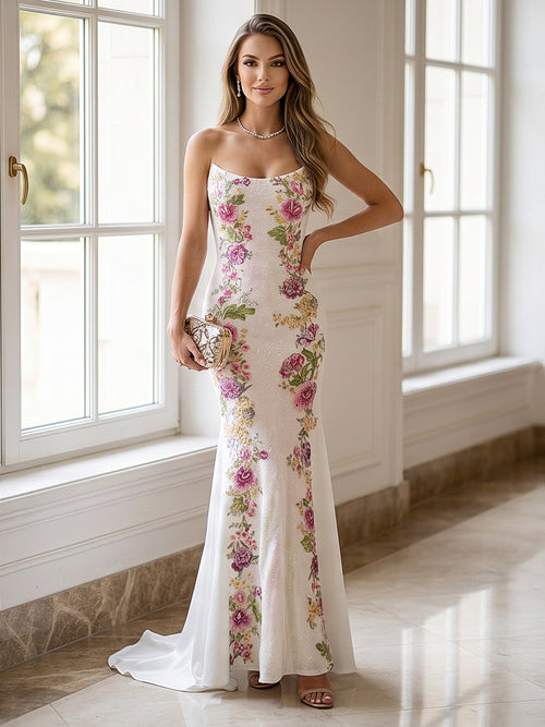 trumpet style prom dress Sheer-Bodice Long Pastel Mermaid Prom Gown