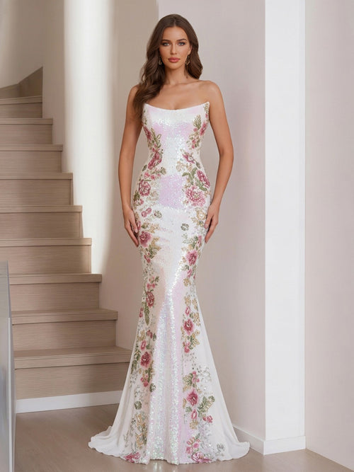 Trumpet/Mermaid Strapless Floor-Length Long Prom Dresses with Sequins