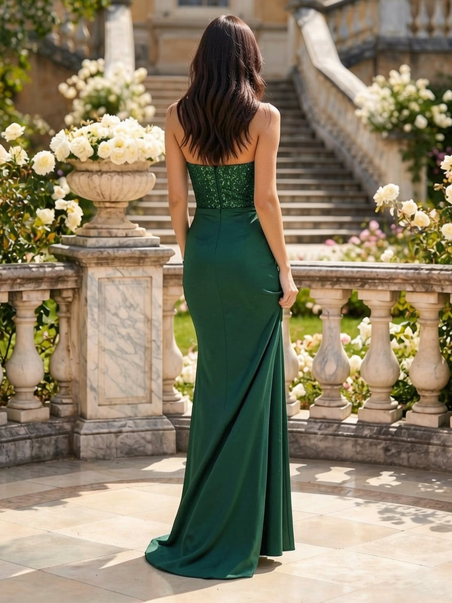 Trumpet/Mermaid Strapless Floor-Length Long Prom Dresses with Split Side &amp; Sequins