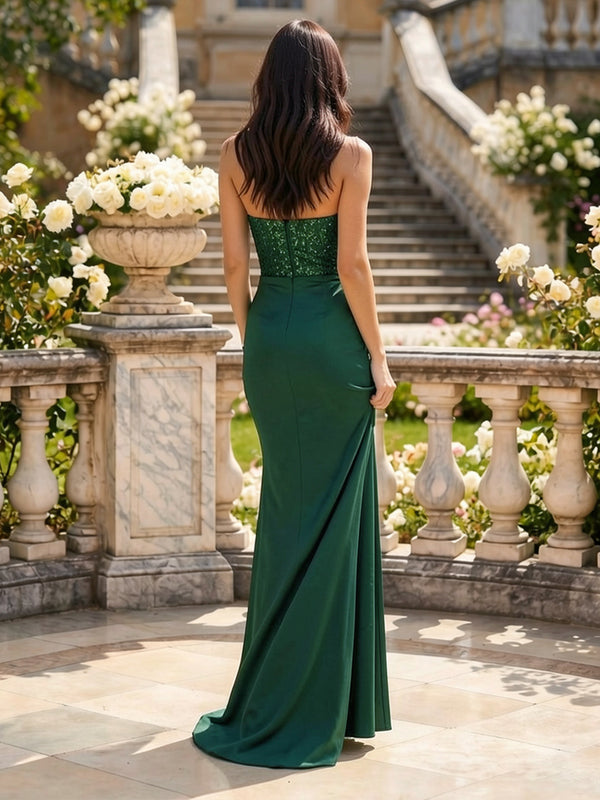 Trumpet/Mermaid Strapless Floor-Length Long Prom Dresses with Split Side & Sequins