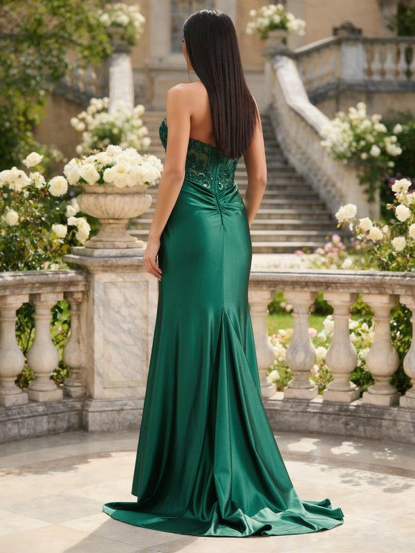 Trumpet/Mermaid Sweetheart Strapless Sweetheart Floor-Length Long Prom Dresses with Applique & Sequins