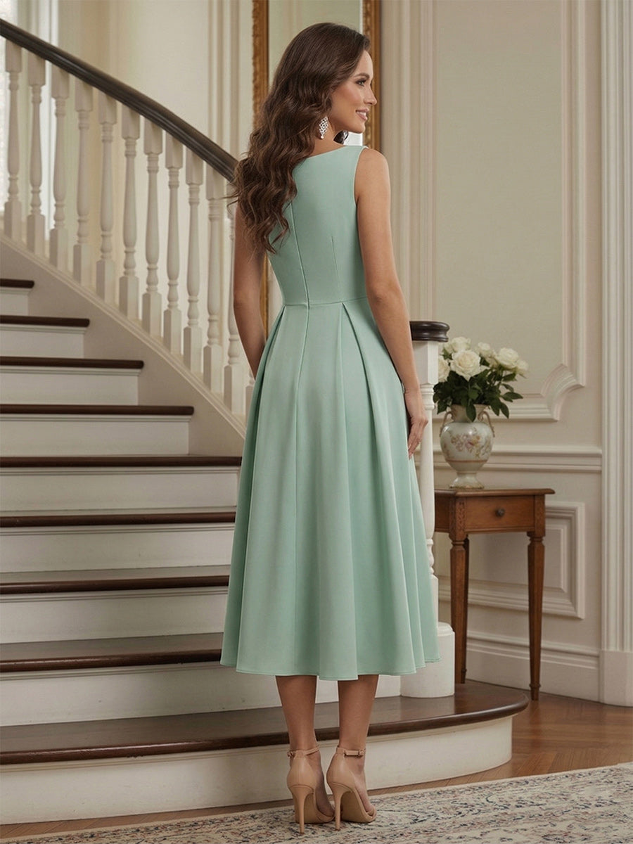 A-Line/Princess Scoop Sleeveless Tea-Length Mother of the Bride Dresses with Ruched