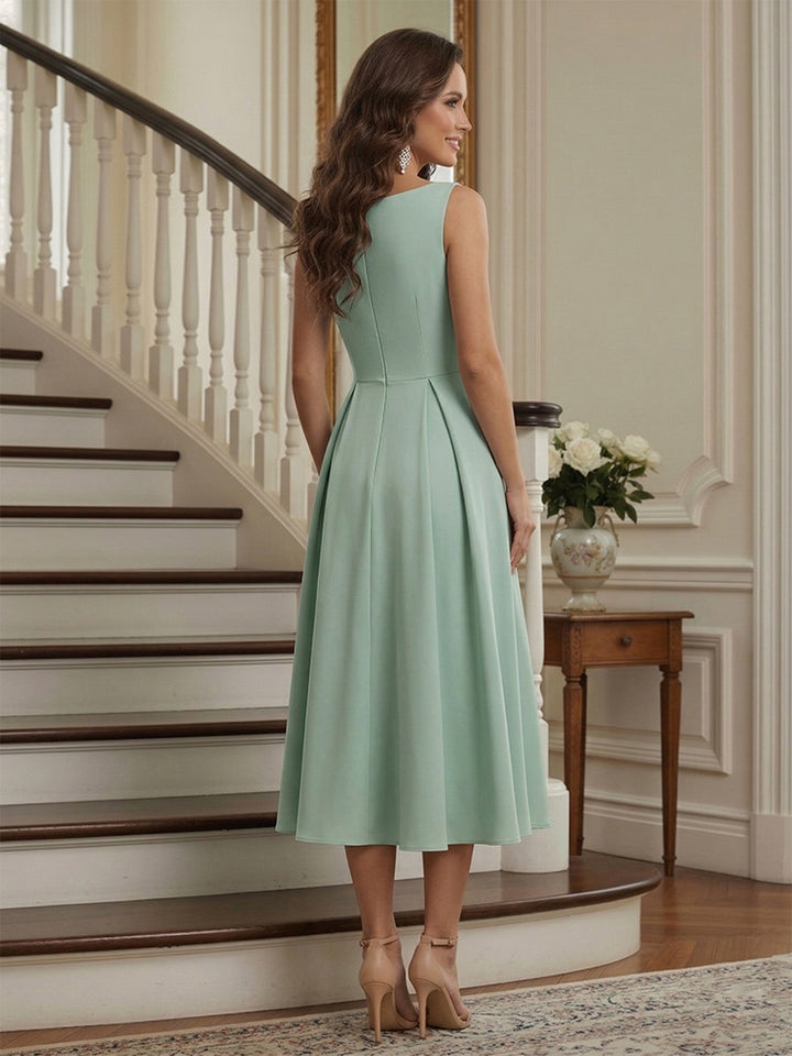 A-Line/Princess Scoop Sleeveless Tea-Length Mother of the Bride Dresses with Ruched
