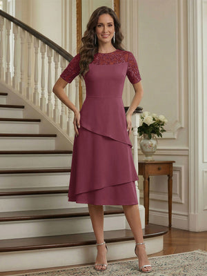 A-Line/Princess Short Sleeves Knee-Length Mother of the Bride Dresses with Lace & Ruffles