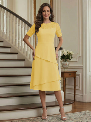 A-Line/Princess Short Sleeves Knee-Length Mother of the Bride Dresses with Lace & Ruffles