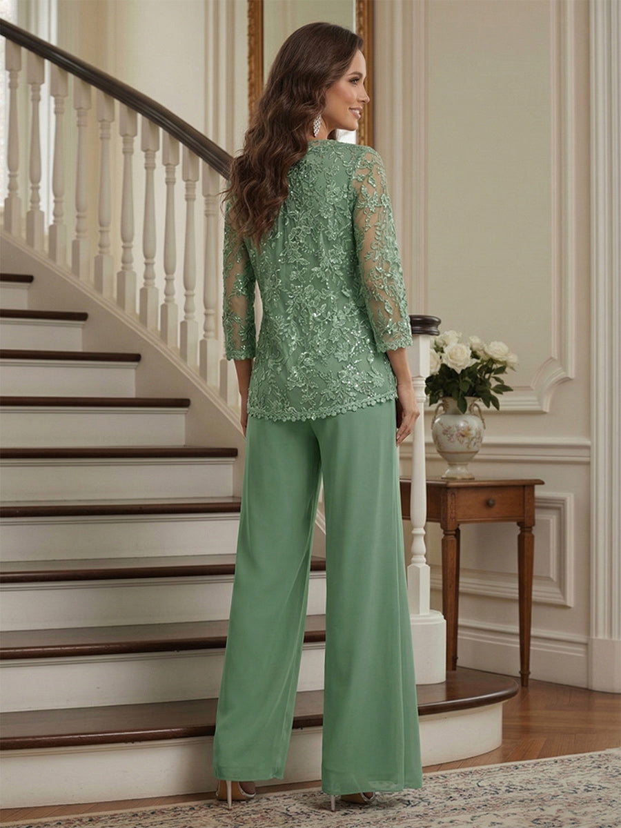 Lace Chiffon V-Neck Long Sleeves 3 Pieces Pantsuits with Appliques &amp; Jacket