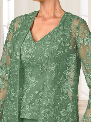 Lace Chiffon V-Neck Long Sleeves 3 Pieces Pantsuits with Appliques & Jacket