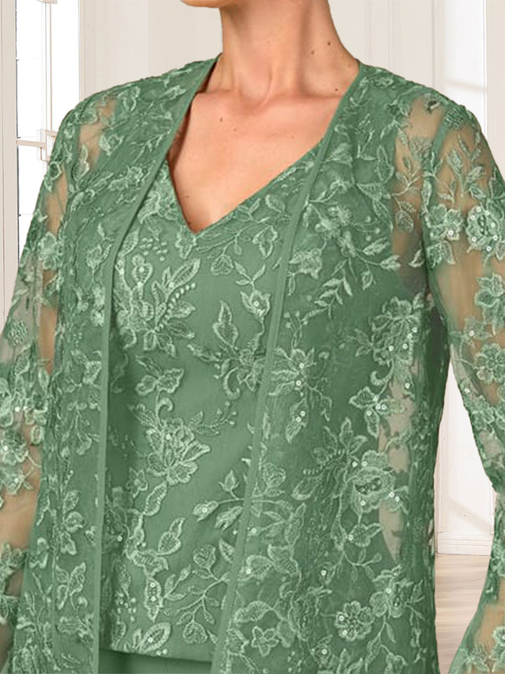 Lace Chiffon V-Neck Long Sleeves 3 Pieces Pantsuits with Appliques &amp; Jacket