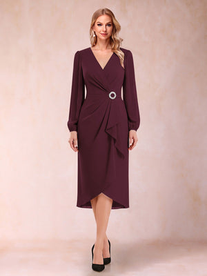 A-Line/Princess Long Sleeves Asymmetrical Mother of the Bride Dresses with Ruched & Rhinestone