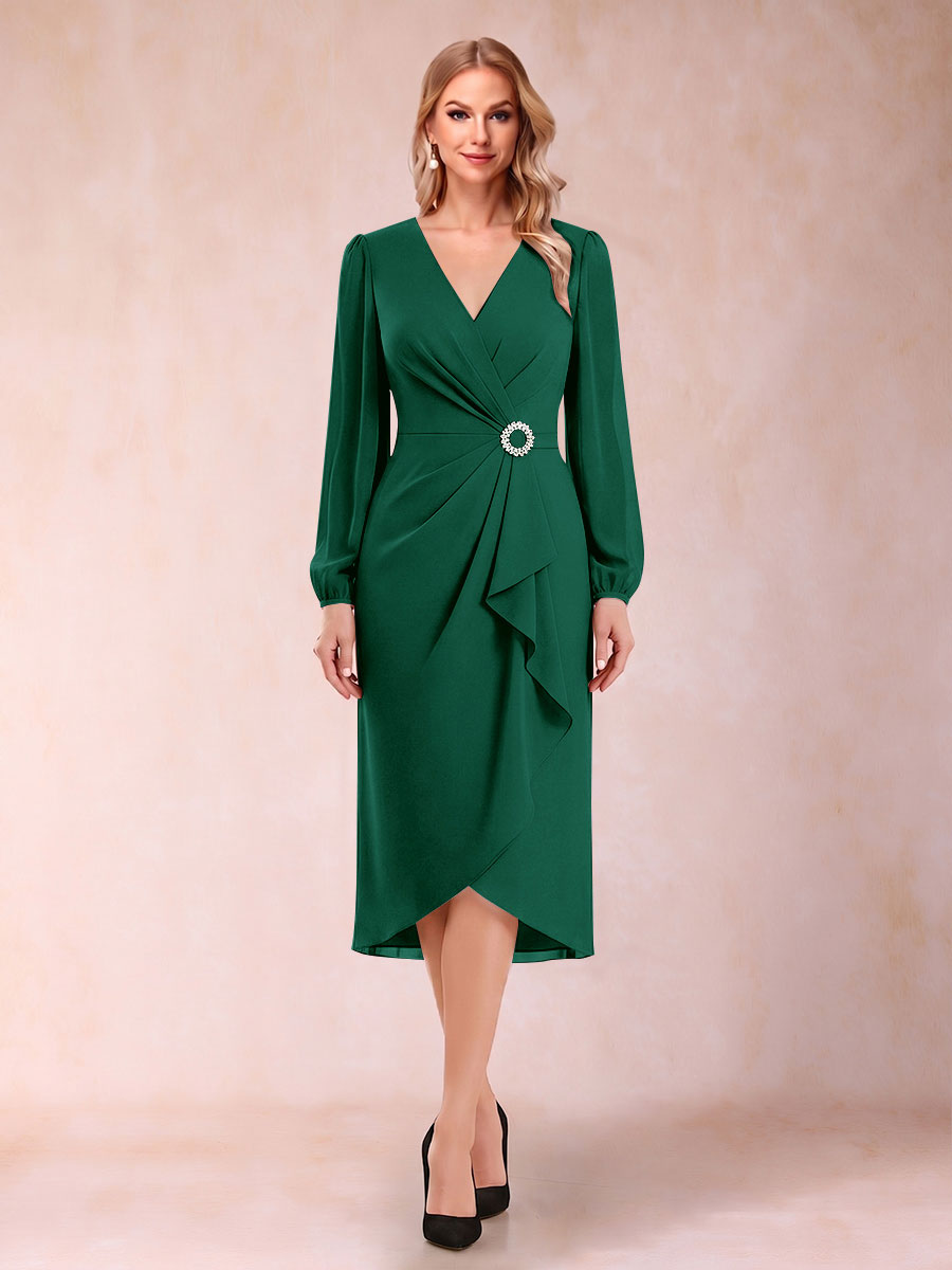 A-Line/Princess Long Sleeves Asymmetrical Mother of the Bride Dresses with Ruched &amp; Rhinestone