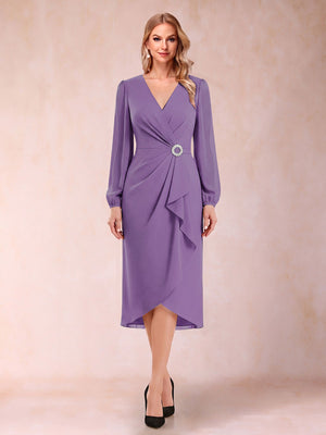 A-Line/Princess Long Sleeves Asymmetrical Mother of the Bride Dresses with Ruched & Rhinestone