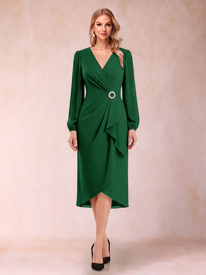 A-Line/Princess Long Sleeves Asymmetrical Mother of the Bride Dresses with Ruched &amp; Rhinestone