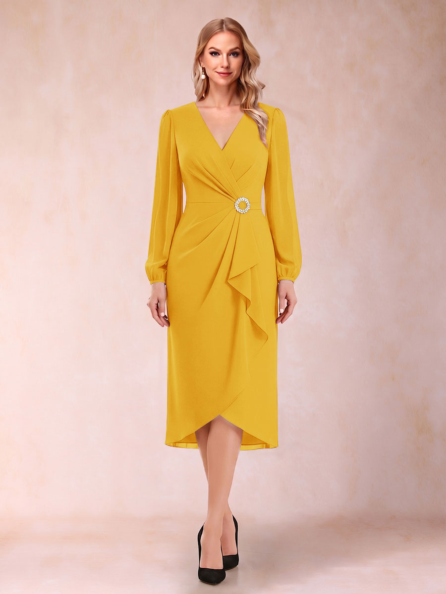 A-Line/Princess Long Sleeves Asymmetrical Mother of the Bride Dresses with Ruched &amp; Rhinestone