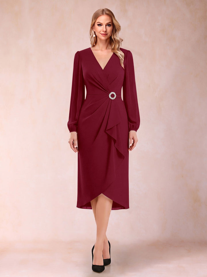 A-Line/Princess Long Sleeves Asymmetrical Mother of the Bride Dresses with Ruched &amp; Rhinestone